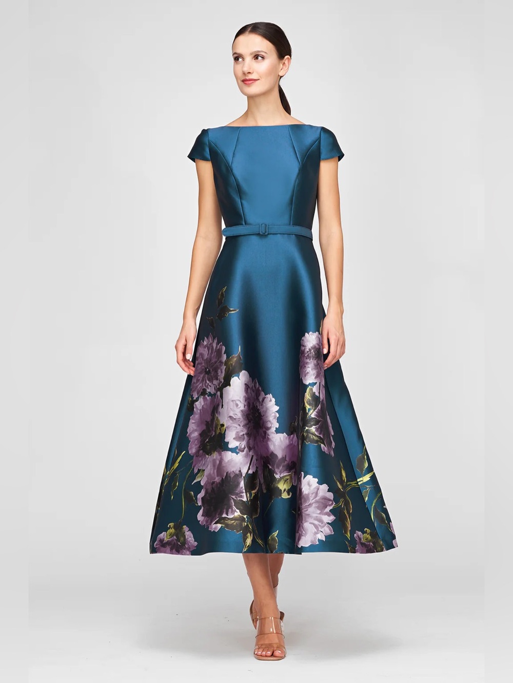 new Kay Unger Ina tea length belted dress in teal blue peony floral print